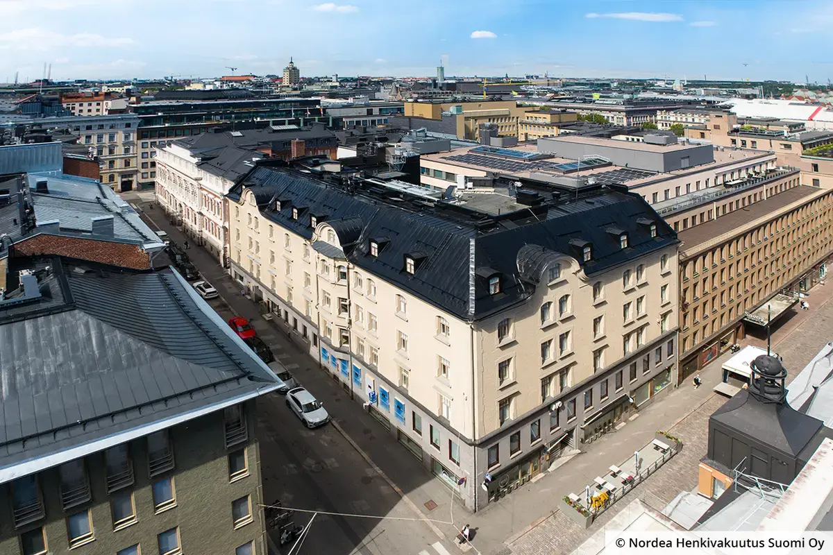 Toimitilakiinteistö Helsingin Kasarmikatu 44 ilmakuva. Kadun varrella kiinteistön edessä on pysäköityjä autoja.
