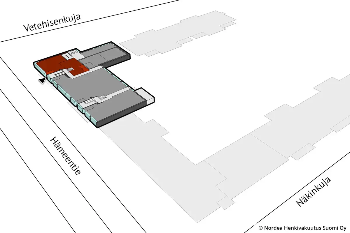 Helsingin Hämeenkatu 5B, katutason 115 m2 liiketilan sijaintikuva.