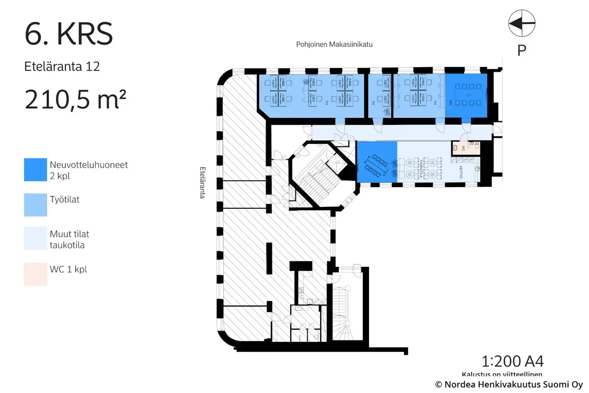 Helsingin Eteläranta 12 / Unioninkatu 13 kuudennen kerroksen 210,5 m2 toimistotilan kalustettu pohjakuva.
