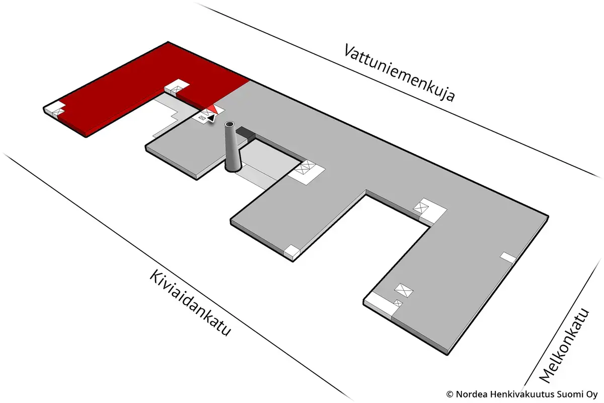 Helsingin Kiviaidankatu 2 tilan sijainti kerrospohjassa.