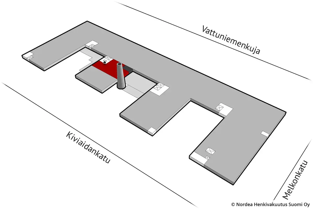 Helsingin Kiviaidankatu 2 tilan sijainti kerrospohjassa.