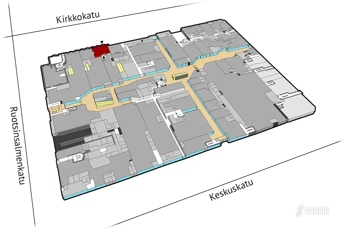 Sijaintikuva Kauppakeskus Pasaatin katutason 127 m2  liiketilasta. Toimitila sijaitsee Kirkkokadun puolella.