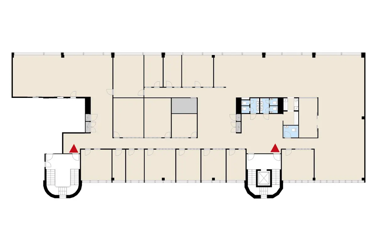 3. kerroksen 761 m2 toimitilan pohjakuvassa on useita pieniä työhuoneita, avotilaa sekä sosiaalitilat.