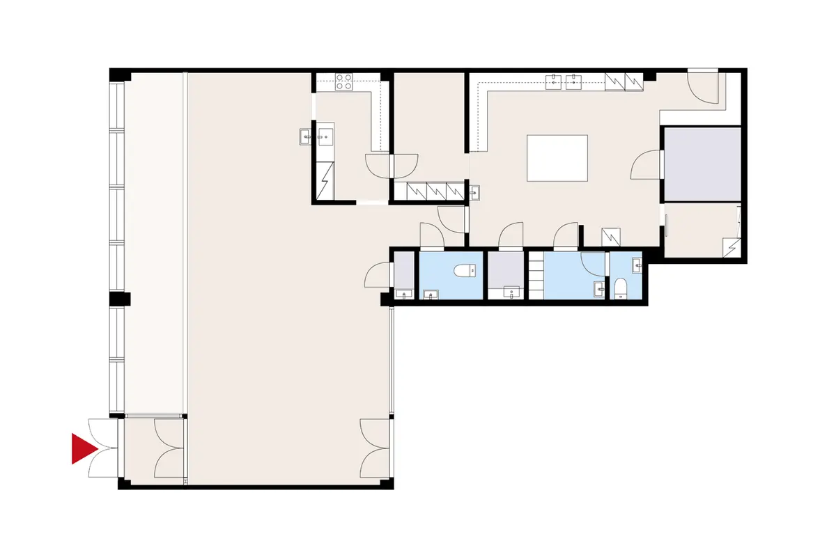 Porin Herralahdenraitti 1 katutason 171 m² liiketilan pohjakuva. Tilassa on asiakaspaikkojen lisäksi keittiö ym. taustatilat.
