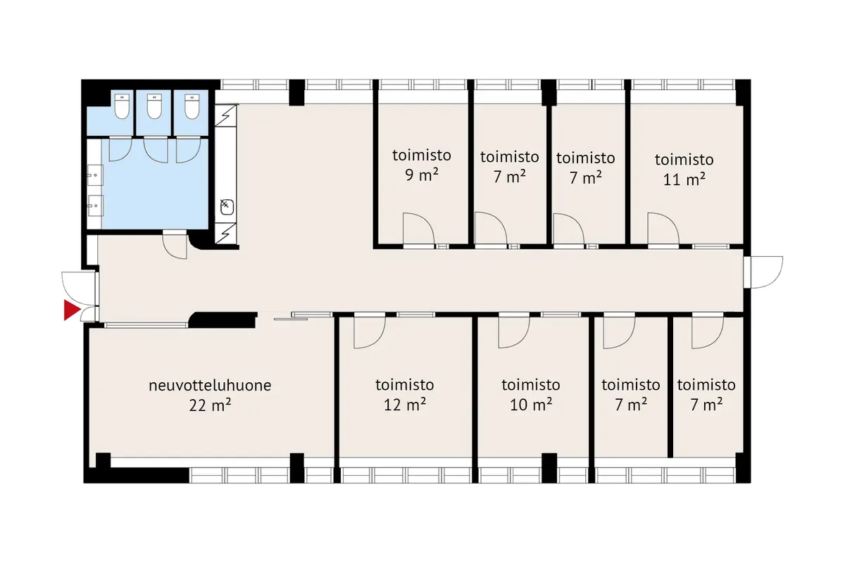 Yliopistonkatu 28 2. kerroksen toimistomaailman 15,4–26,4 m² toimistohuoneiden ja jaettujen tilojen pohjakuva 