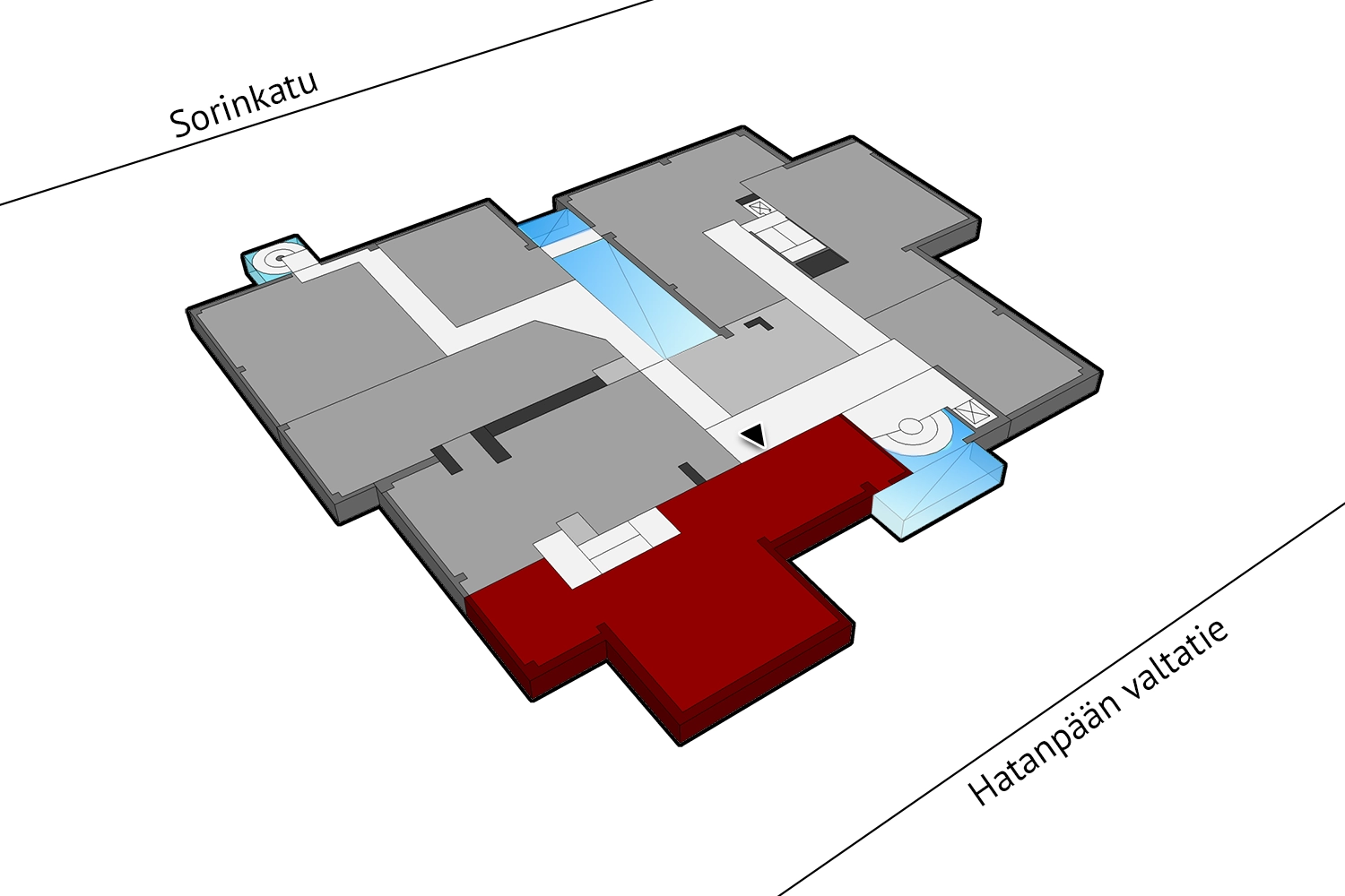 Tampereen Hatanpu00e4u00e4n valtatie 18, 2. kerroksen 128 m2 toimitilan sijaintikuva.