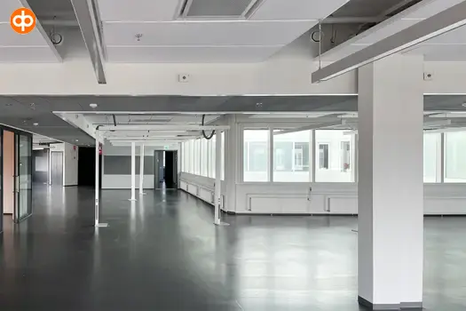 Tietoteknia, interior of the office. Empty open-plan office. Low-ceilinged space with large windows. Gray floors and white walls.