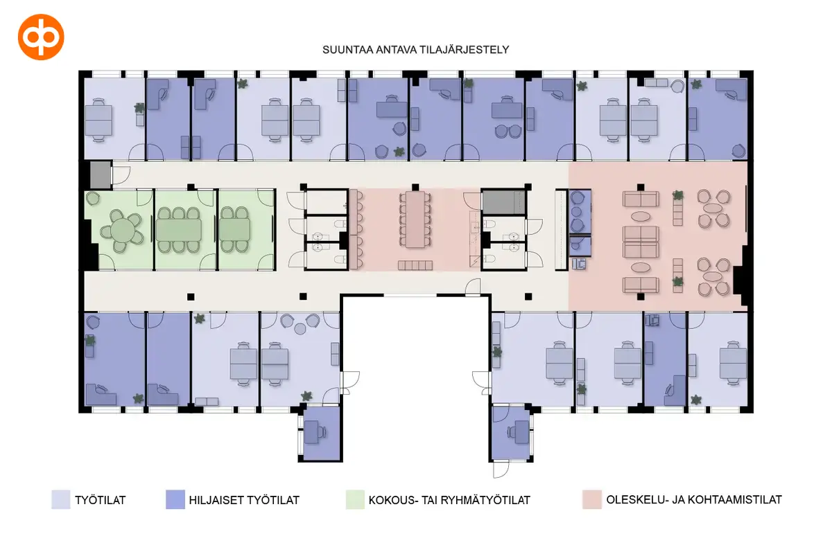 Kalustettu pohjaratkaisu 587 m2:n toimistotilasta 5. kerroksessa osoitteessa Lönnrotinkatu 11, Helsinki.