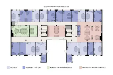 Kalustettu pohjaratkaisu 587 m2:n toimistotilasta 5. kerroksessa osoitteessa Lönnrotinkatu 11, Helsinki.