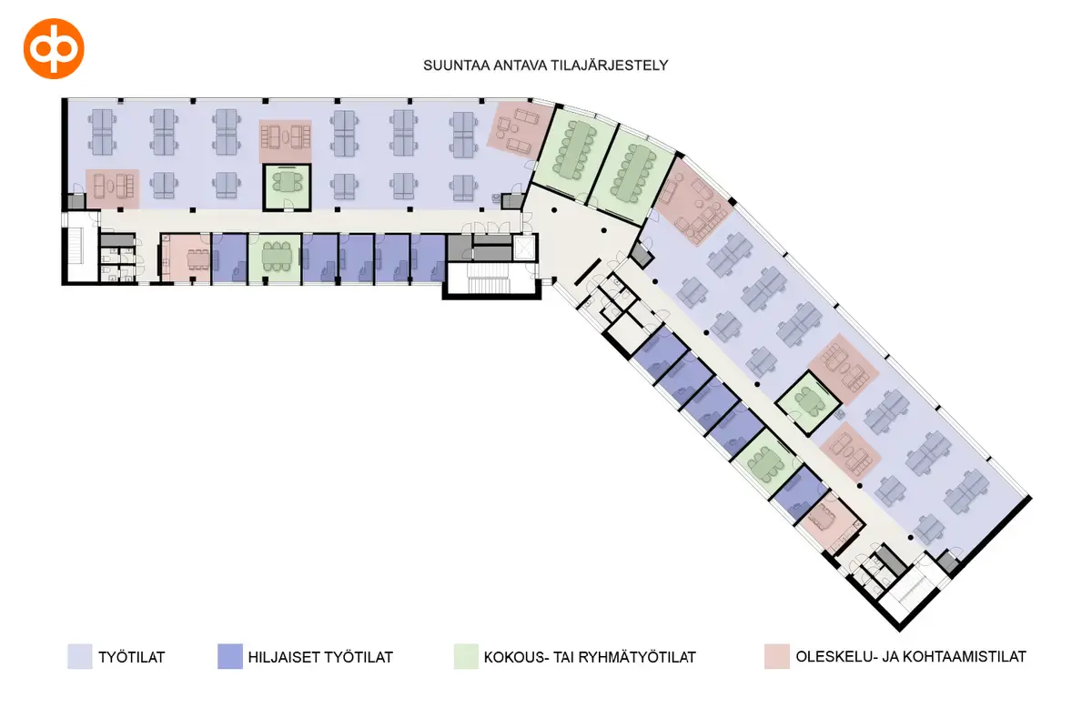 Silmukkatie 2, Vaasa. 4. kerroksen 1210 m2 toimitilan kalustettu pohjakuva. 