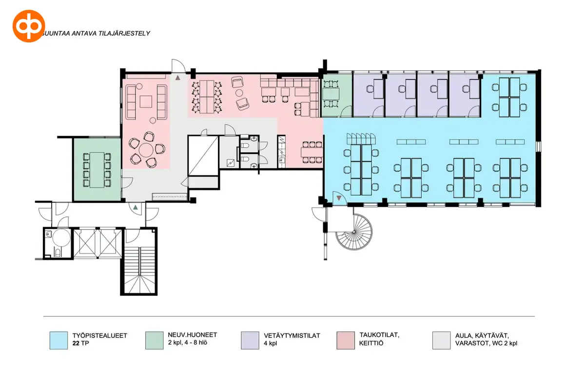 Furnished floor plan of the 372 m2 office space on the 3rd floor, Bertel Jungin aukio 1, Espoo.